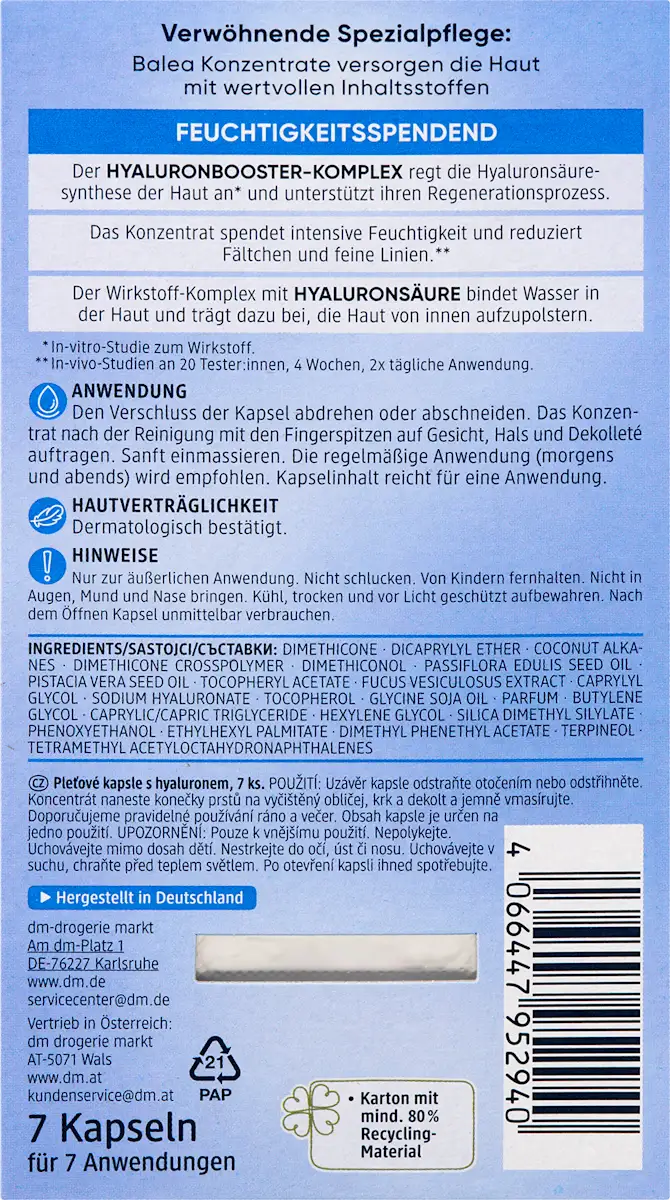 Balea Concentrated Hyaluronic Capsules for Intensive Skin Hydration - 7 Capsules