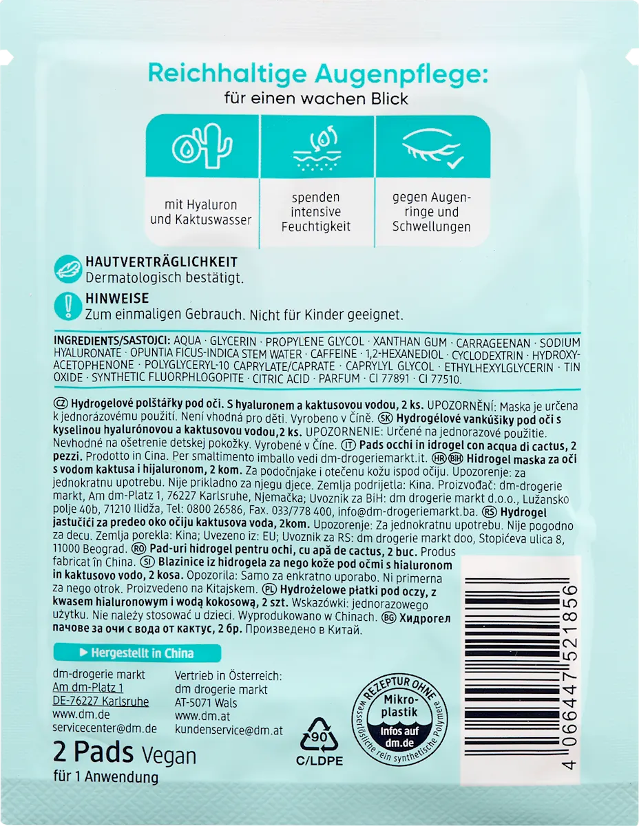 Hydrogel Patches with Aloe Vera Extract for Hydration and Refreshing Eye Area by Balea - (2 pieces)