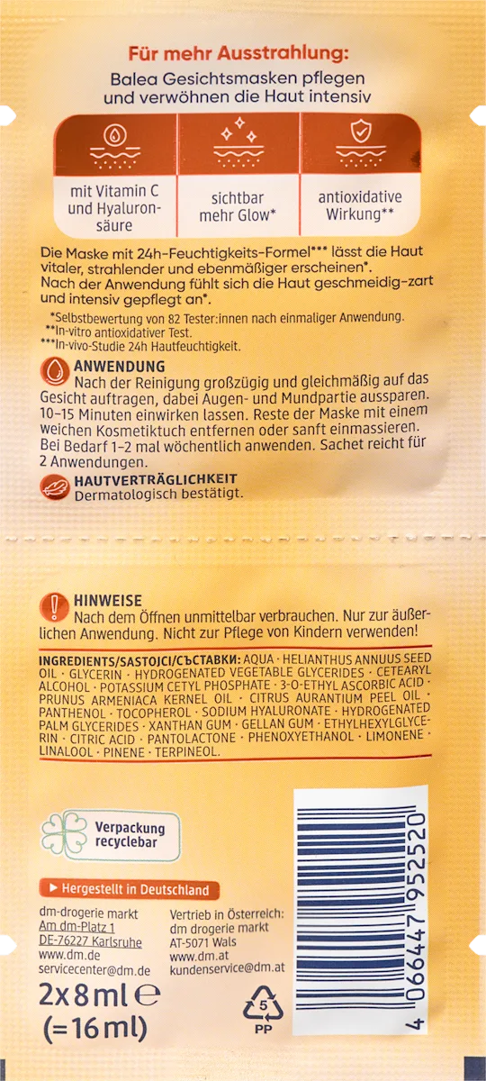 Vitamin C Face Mask for Radiance and Skin Activation by Balea - 16 ml
