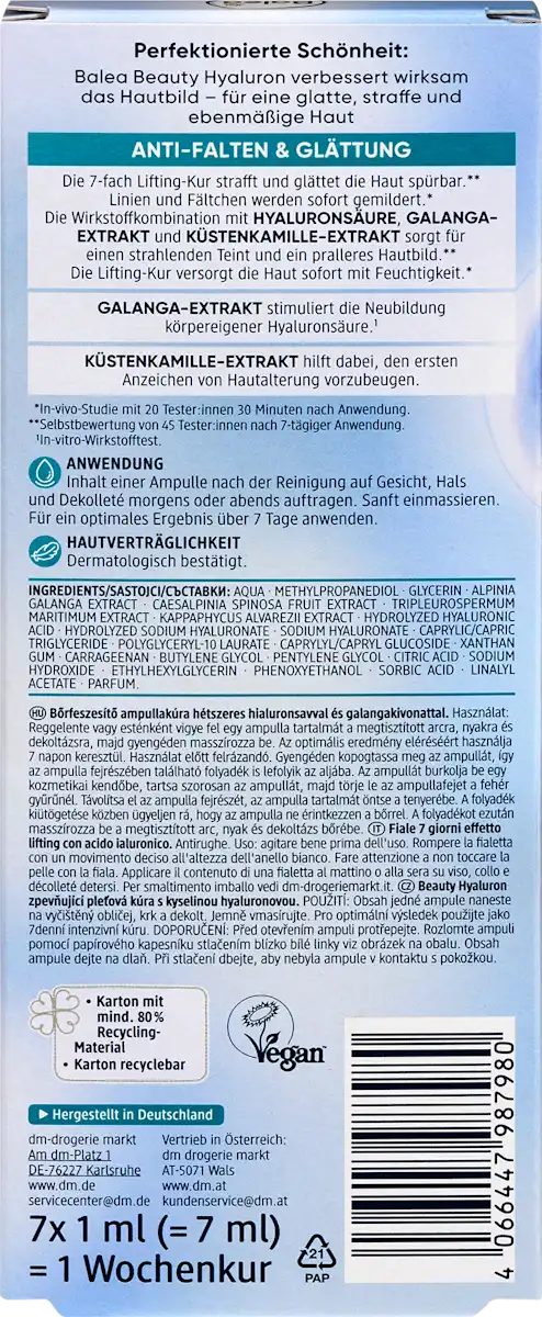 Balea Hyaluronic Acid Beauty Ampoules for Lifting and Firming (7×1 ml), 7 ml
